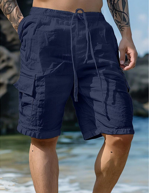 Breathable Cotton-Linen Drawstring Elastic Waist Shorts