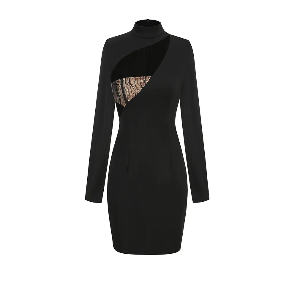Sexy Hollow-Out Stitching Long Sleeve Dress - High Waist Sexy Hollow-Out Stitching Long Sleeve Dress - High Waist