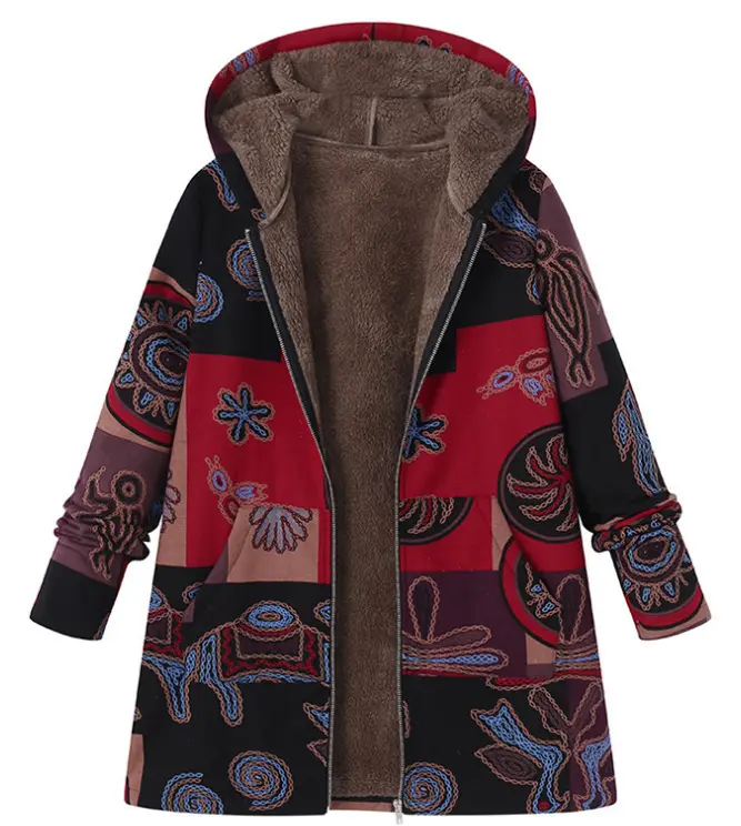 Retro Warm Printed Pocket Thick Zippered Hooded Coat Retro Warm Printed Pocket Thick Zippered Hooded Coat