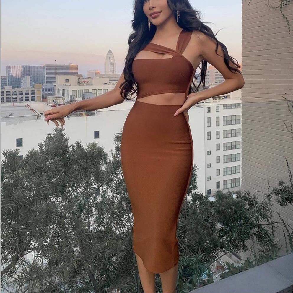 Sexy Oblique Shoulder Midriff Outfit Knee-length Skirt Cocktail Party Dress