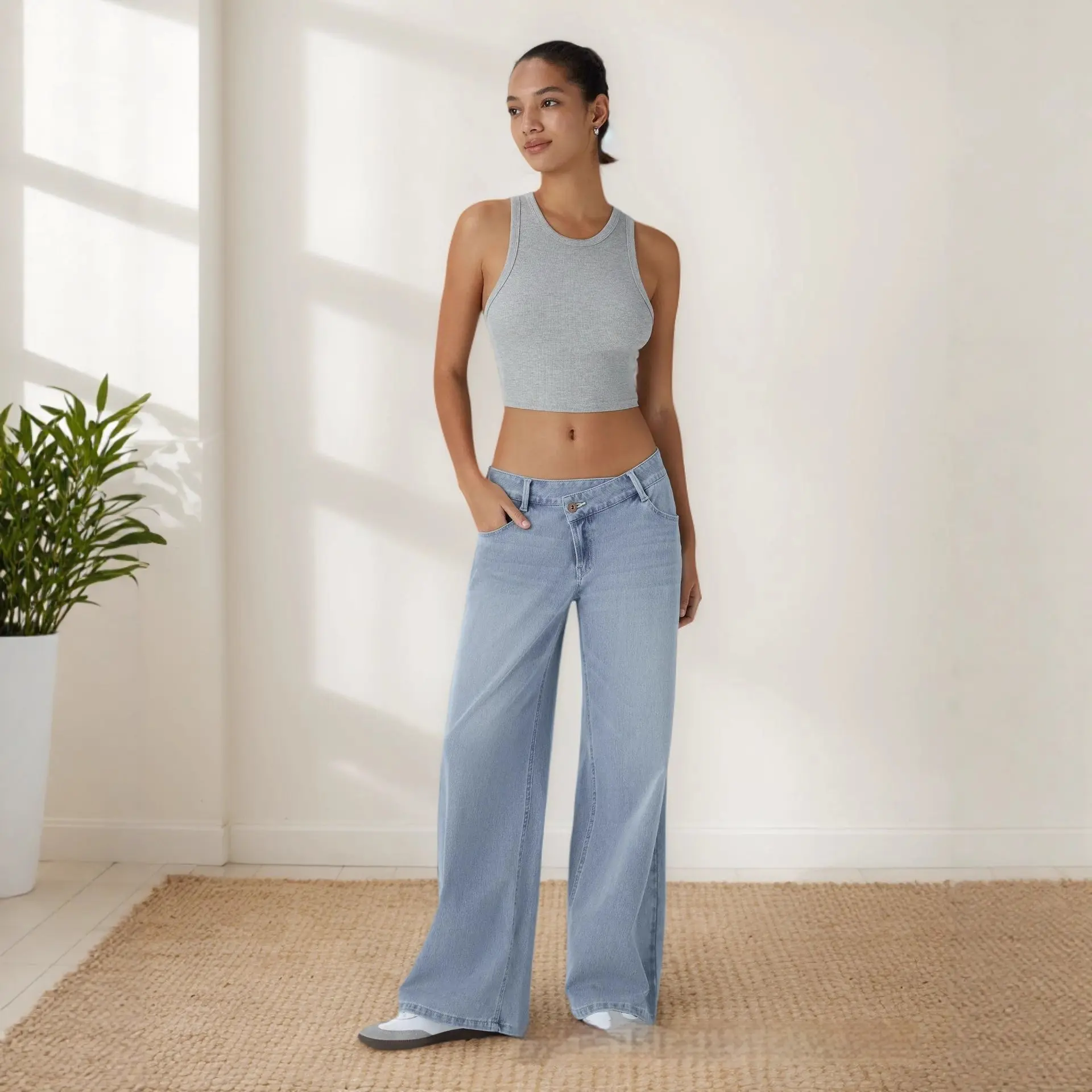 Washed Asymmetric Low-Rise Loose-Fit Denim Jeans for Women