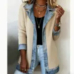 Structured Suit Collar Patchwork Denim Coat for Women