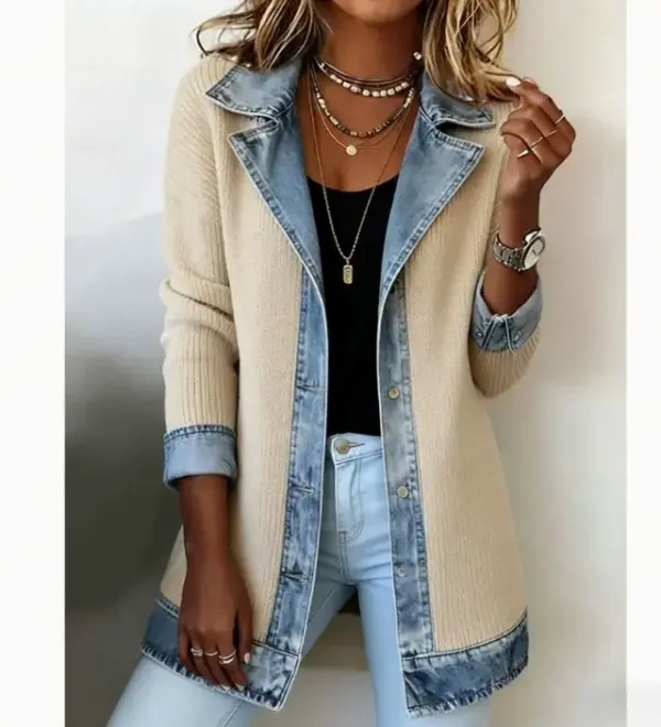 Structured Suit Collar Patchwork Denim Coat for Women