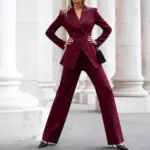 Structured Office Double-Breasted Coat, Wine Red Long Sleeve