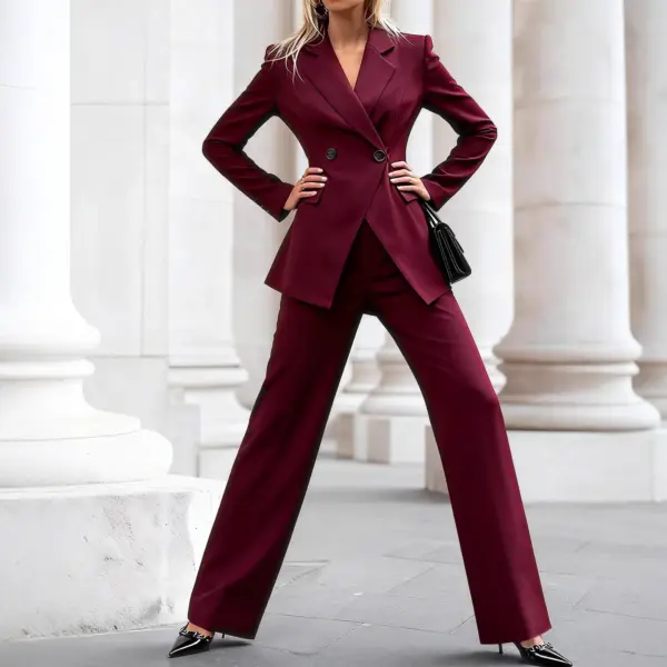 Structured Office Double-Breasted Coat, Wine Red Long Sleeve