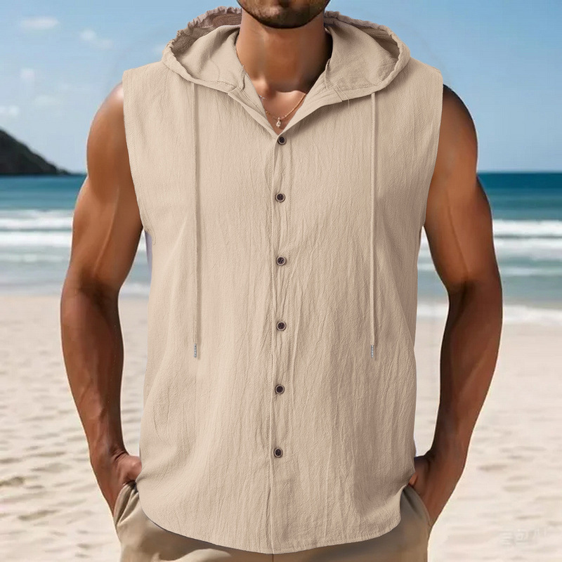 Breathable Linen-Blend Sleeveless Hooded Shirt for Men