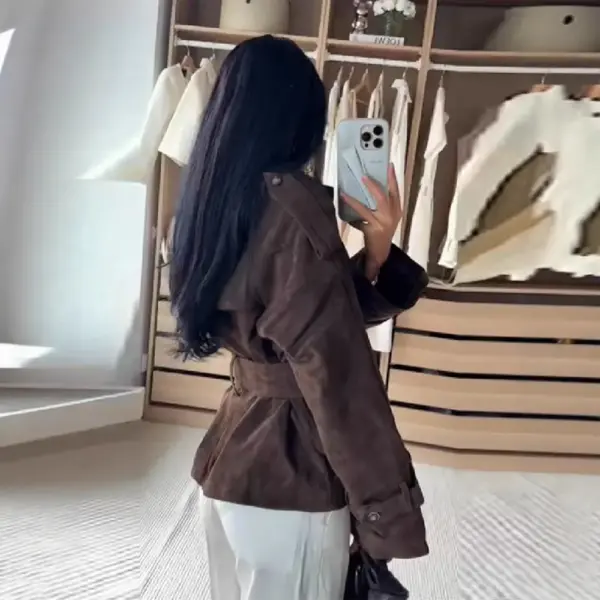 Retro Brown Lace-Up Suede Jacket For Women Retro Brown Lace-Up Suede Jacket For Women
