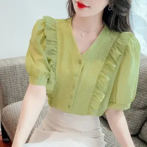 Chiffon Ruffle-Trimmed Puff Sleeve V-Neck Blouse Shirt
