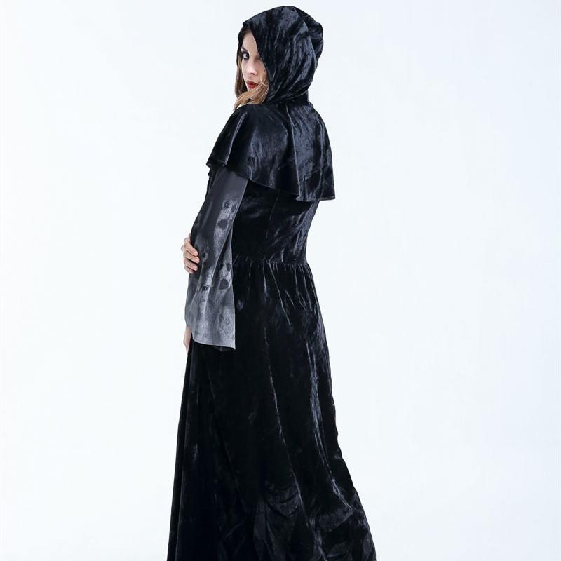 Spooky Gothic Witch Maxi Dress for Women, Black Hooded