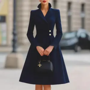 Elegant Slim Fit A-Line Pocket Dress for Women - Navy