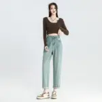 High-Waist Cropped Denim Baggy Pants for Women - Light Blue