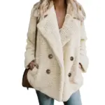 Warm Navy Plush Button Lapel Pocket Coat Shirt for Women
