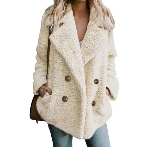 Warm Navy Plush Button Lapel Pocket Coat Shirt for Women