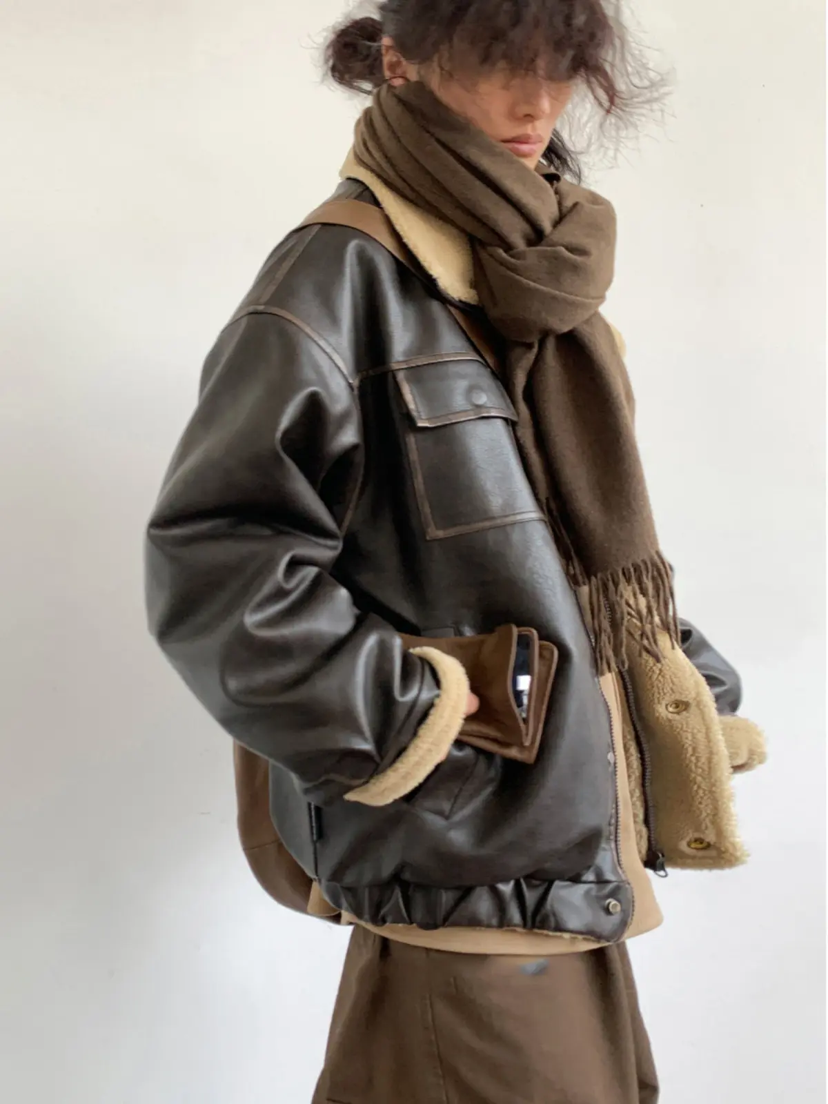 Warm Retro Lamb Fur Leather Coat with Stand Collar Warm Retro Lamb Fur Leather Coat with Stand Collar