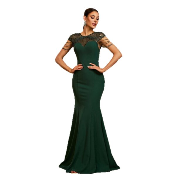 Sequin Slim-Fit Fishtail Evening Dress with Round Neck