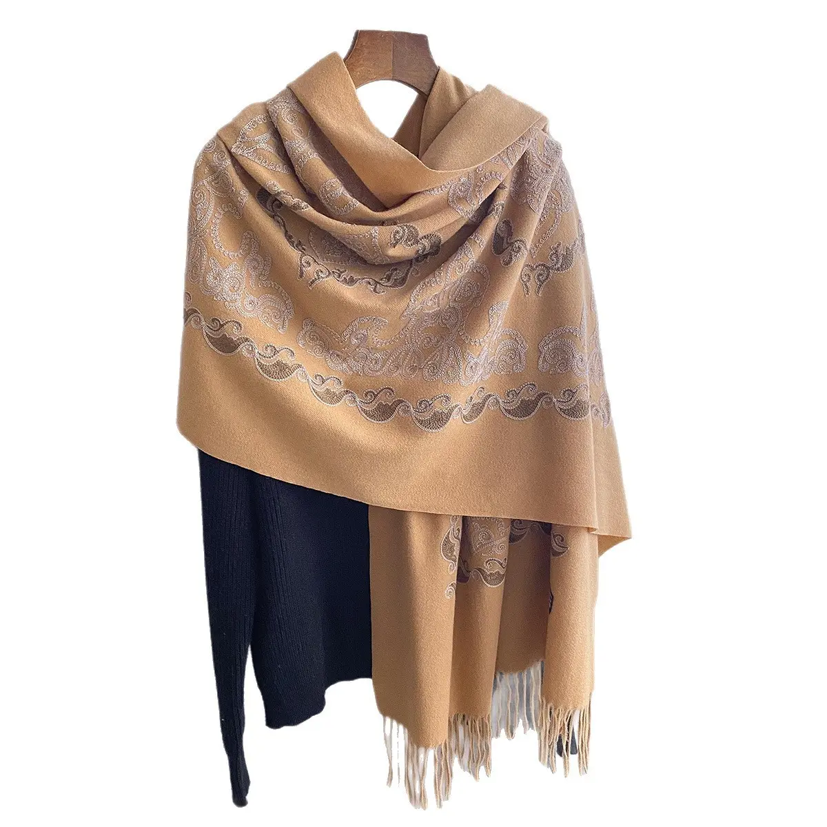 Warmth-Keeping Women’s Jacquard Embroidered Tassel Shawl