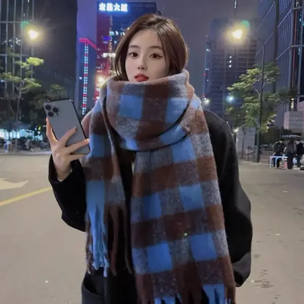Rainbow-grid Womens Mohair Thermal Snood Long Style