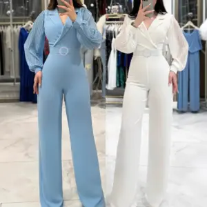 Elegant Commuter Jumpsuit with Pleated Long Sleeves & Zipper