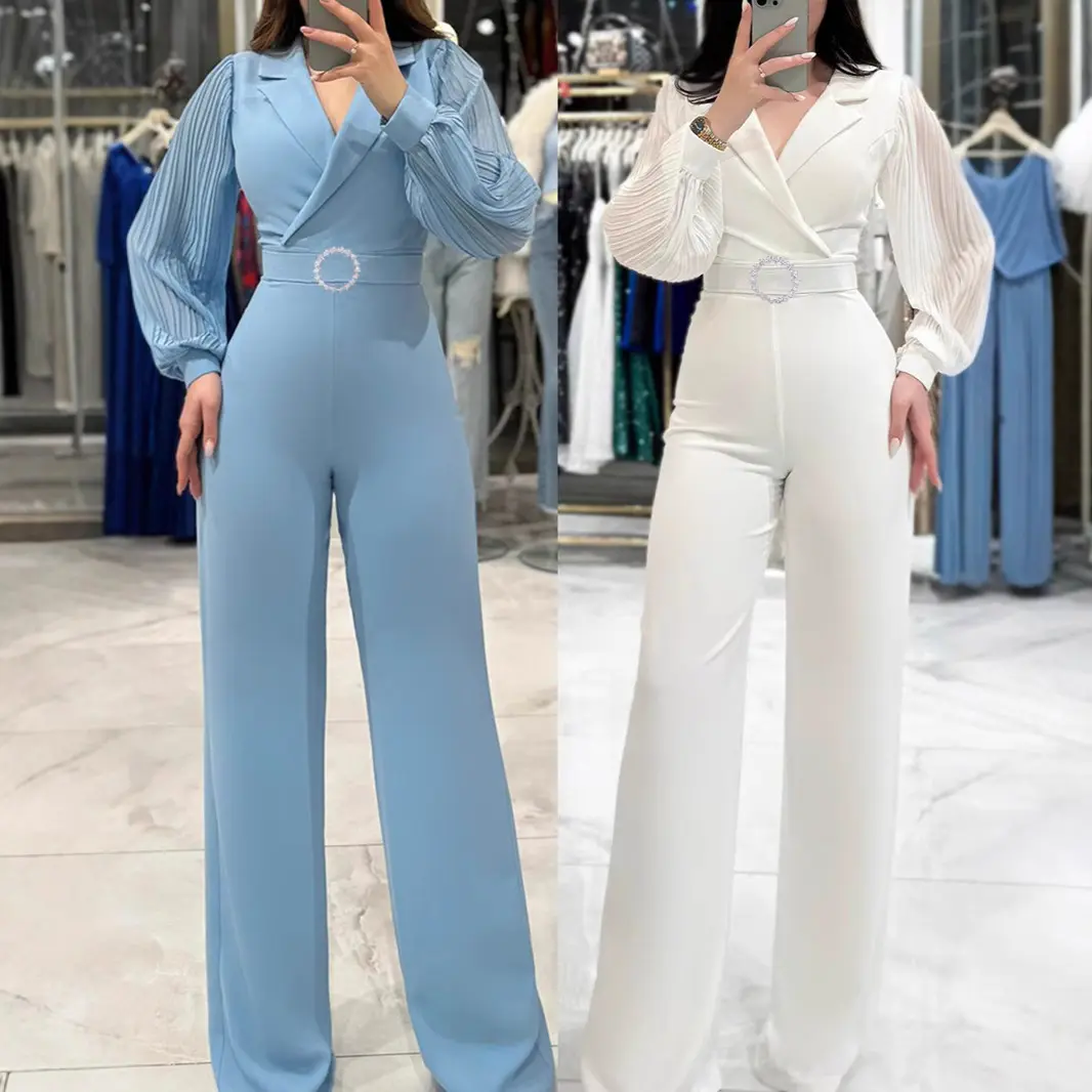 Elegant Commuter Jumpsuit with Pleated Long Sleeves & Zipper Elegant Commuter Jumpsuit with Pleated Long Sleeves & Zipper