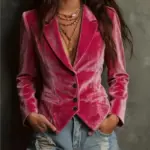 Womens Long-sleeve Shirt-collar Velvet Blazer