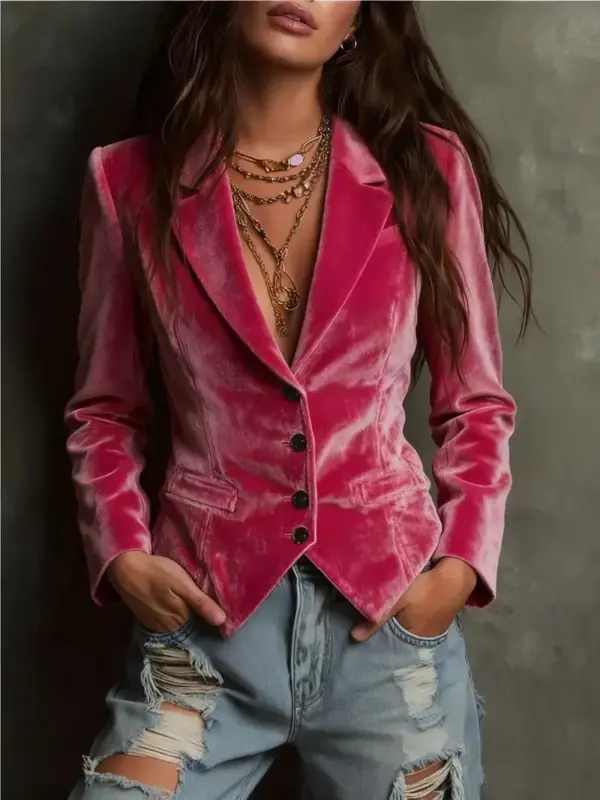 Womens Long-sleeve Shirt-collar Velvet Blazer
