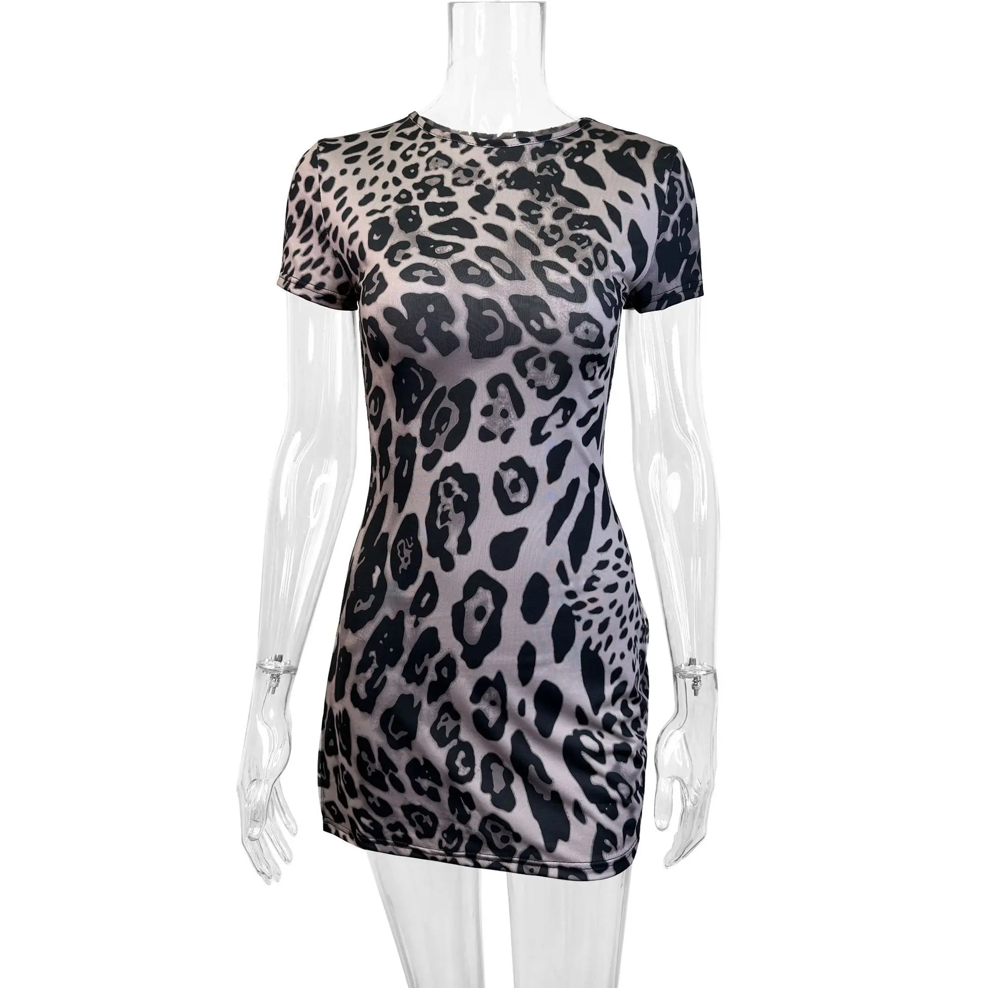 Leopard Print Short Sleeve Dress with Mid-Waist Fit