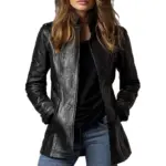 Women's Stand Collar Long Sleeve Distressed Fashion Leather Jacket Coat