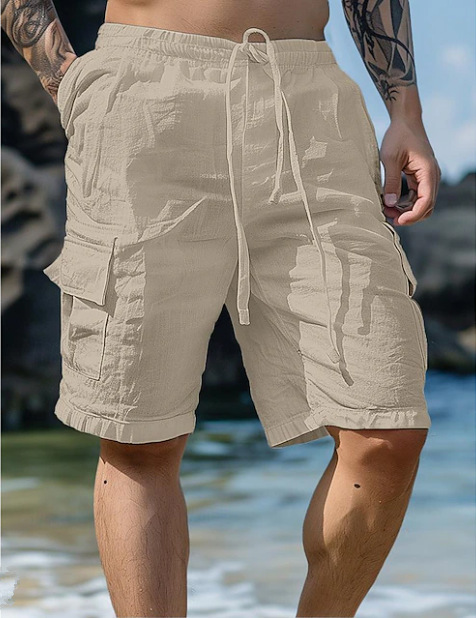 Breathable Cotton-Linen Drawstring Elastic Waist Shorts