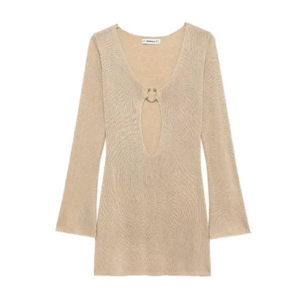 Summer Lady Temperament Fashion Deep V-neck Hollow Knitted Dress