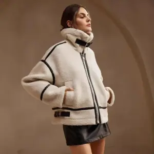 Women’s Thickened Lamb-Mohair Biker Jacket with Fur Collar
