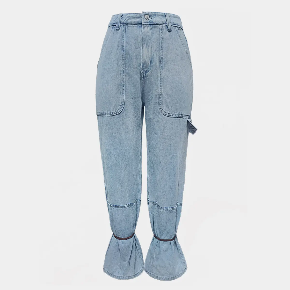 Light Blue Mid-Rise Women’s Jeans with Drawstring Ties