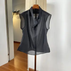 Micro Sheer Sleeveless Blouse for Women, Loose Boat Neck