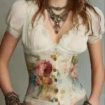 Vintage Rose Print V-Neck Corset-Style Top with Lace Trim