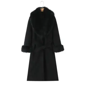 Belted Long Wool Coat with Big Rabbit Fur Collar for Warmth
