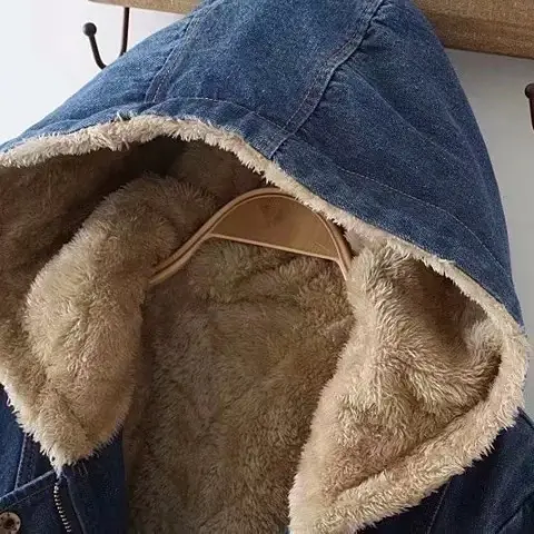 Warm Fleece-Lined Denim Padded Jacket for Women, Mid-Length Warm Fleece-Lined Denim Padded Jacket for Women, Mid-Length