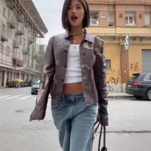 Lightweight Brown Printed Leather Short Jacket for Layering