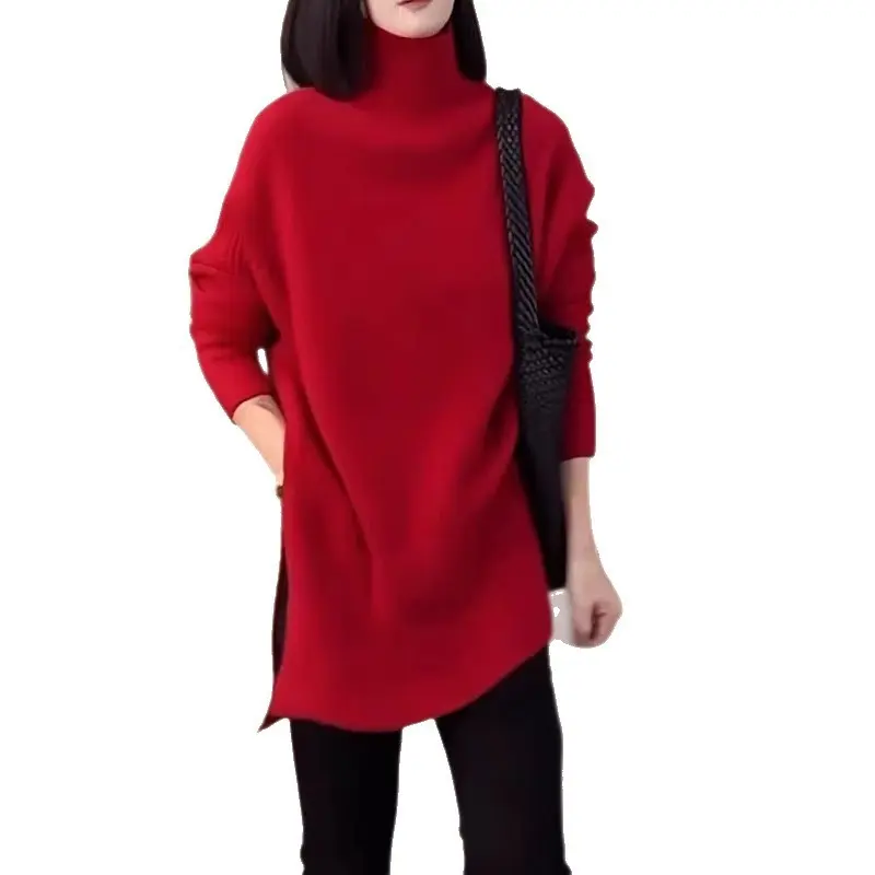 Asymmetrical High-Neck Split Sweater for Women, Thick Knit Asymmetrical High-Neck Split Sweater for Women, Thick Knit