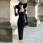 Stretchy Black Square Neck Hip Wrap Midi Dress with Gloves