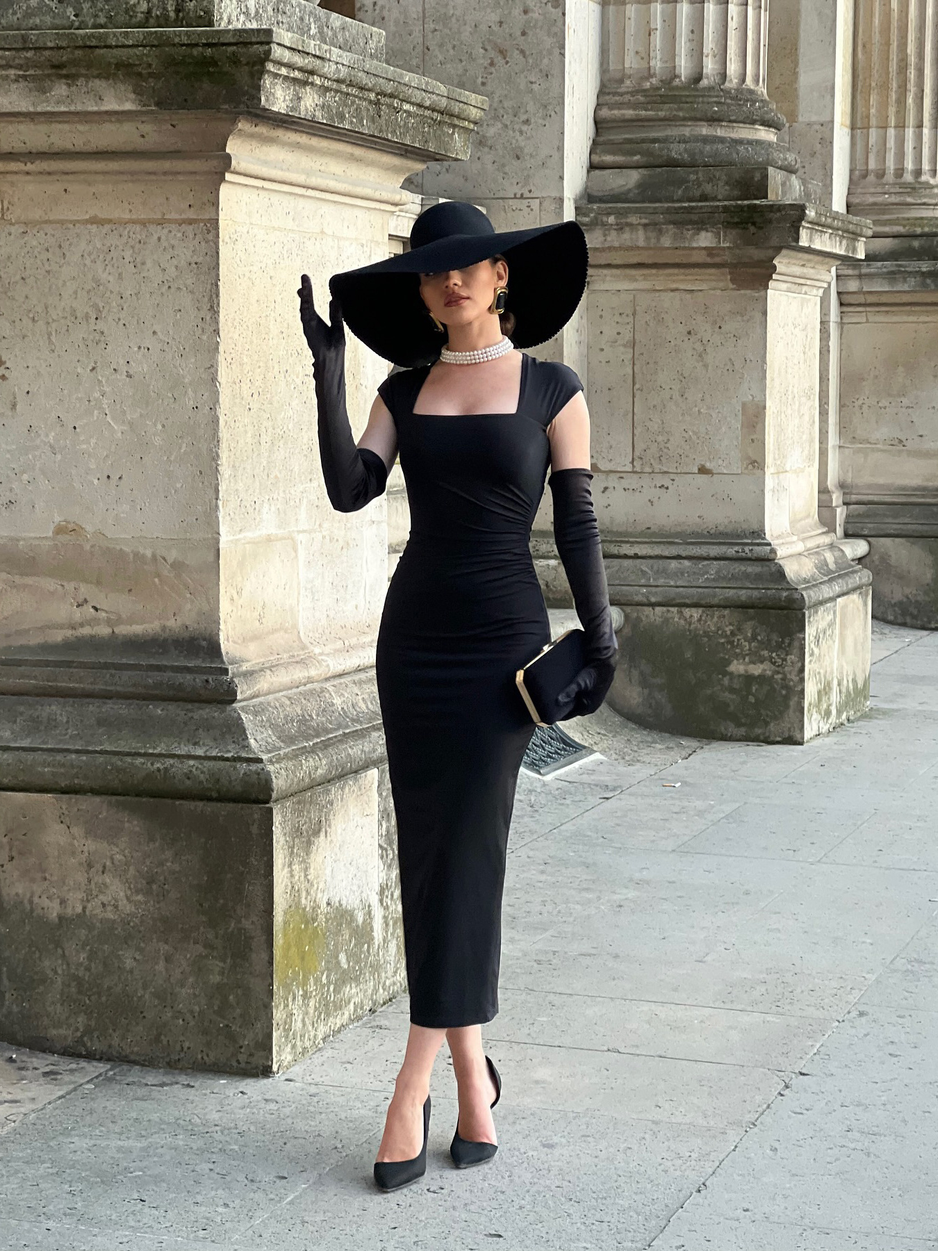 Stretchy Black Square Neck Hip Wrap Midi Dress with Gloves