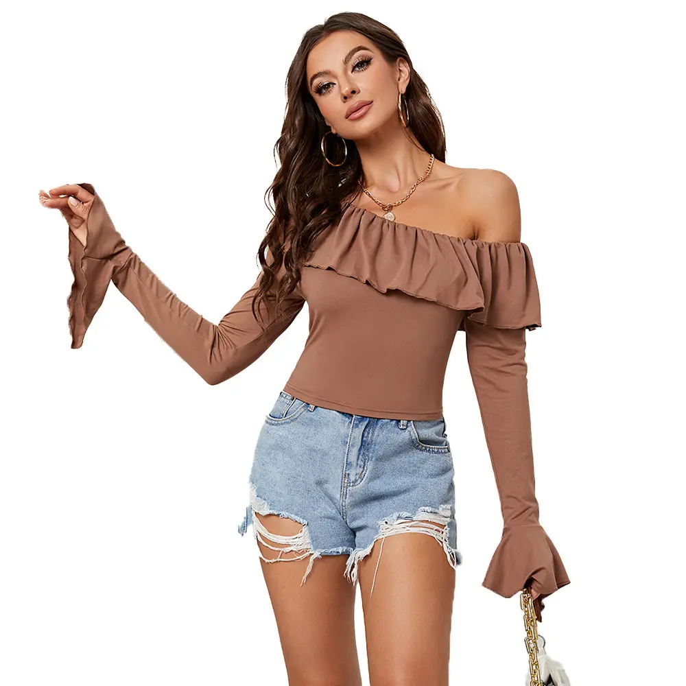 Ruffled-edge Long-sleeve T-shirt Figure-hugging Waist-cinching Base Layer