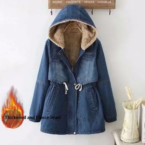 Warm Fleece-Lined Denim Padded Jacket for Women, Mid-Length Warm Fleece-Lined Denim Padded Jacket for Women, Mid-Length
