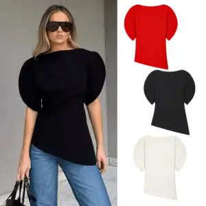 Slim-fit Crewneck Top With Puff Sleeves