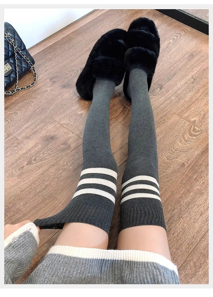 Slimming Thin Thigh-High Socks for Spring & Autumn, Grey JK Striped