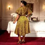Puff Sleeve Jacquard Square Collar A Swing Long Cocktail Party Dress