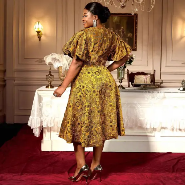 Puff Sleeve Jacquard Square Collar A Swing Long Cocktail Party Dress
