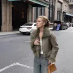 Warm Short Biker Leather Fur Jacket with Suede Lining