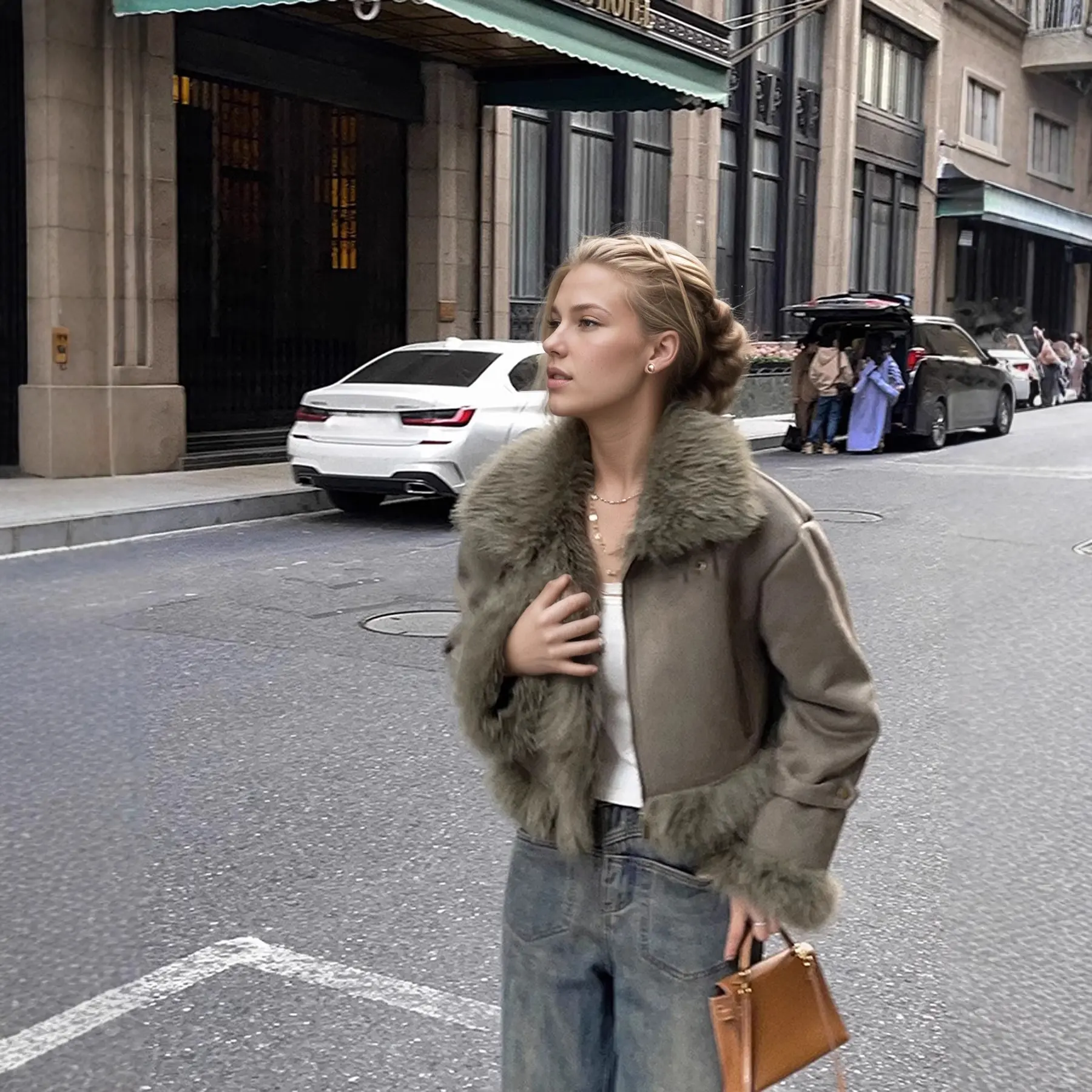 Warm Short Biker Leather Fur Jacket with Suede Lining