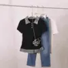 Fake Two-Piece Set Color-Block Patchwork Slimming Short-Sleeve Top