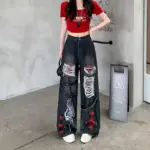 Distressed Ripped High-Waist Black Denim Jeans, Stretchless