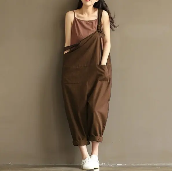 Breathable Cotton Linen Oversized Strappy Dungaree Romper